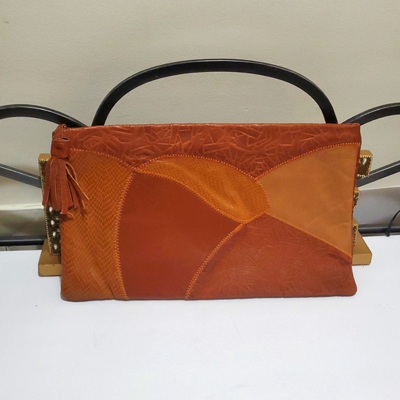 Vintage Multi Tone Patchwork Embossed Leather Zipper Clutch Bag Purse - Picture 1 of 9